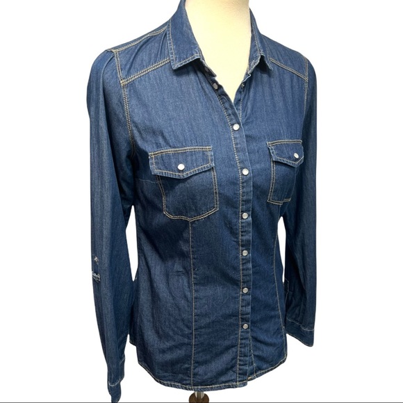 Strativarious ASOS Chambray Denim Pearl Snap Button Front Shirt - Picture 13 of 13